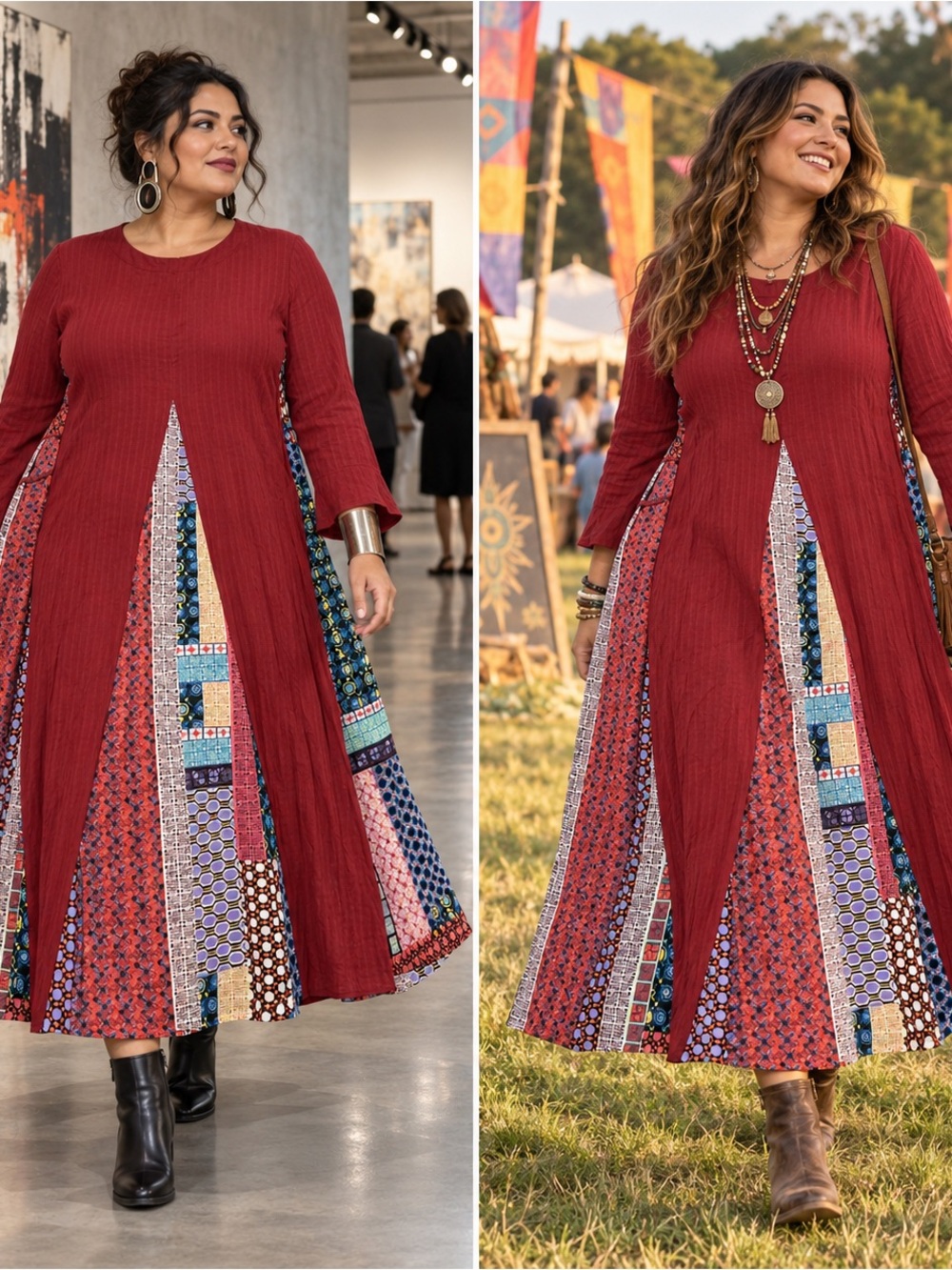 O-neel 2XL Patchwork Godet Maxi Dress Burgundy Boho Lagenlook NWT